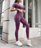 Conjunto de 2 piezas, camiseta de manga corta y pantalones largos de cintura alta con control de abdomen, ropa deportiva, adecuada para deportes al aire libre ,yoga, gym, ropa deportiva para mujer