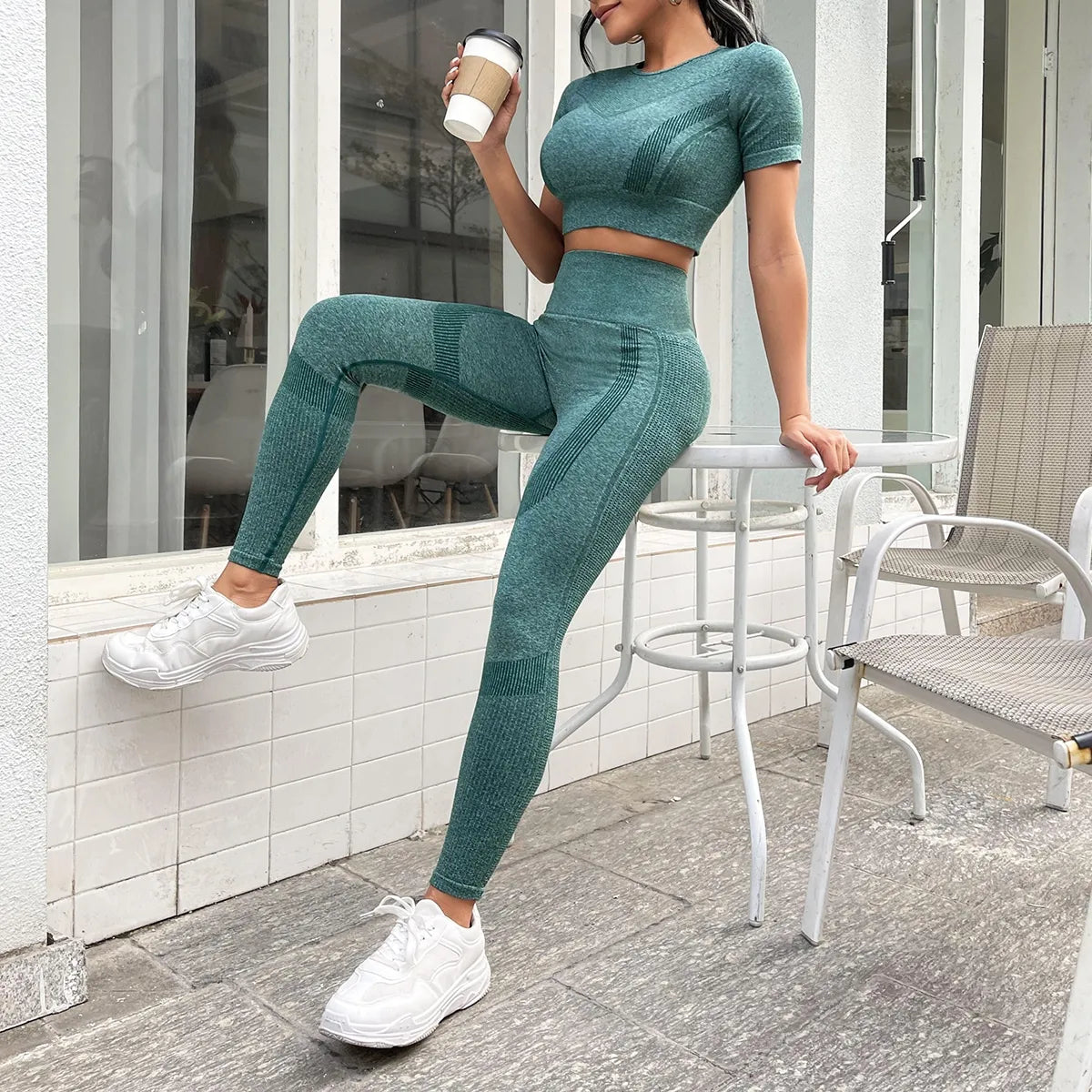 Conjunto de 2 piezas, camiseta de manga corta y pantalones largos de cintura alta con control de abdomen, ropa deportiva, adecuada para deportes al aire libre ,yoga, gym, ropa deportiva para mujer